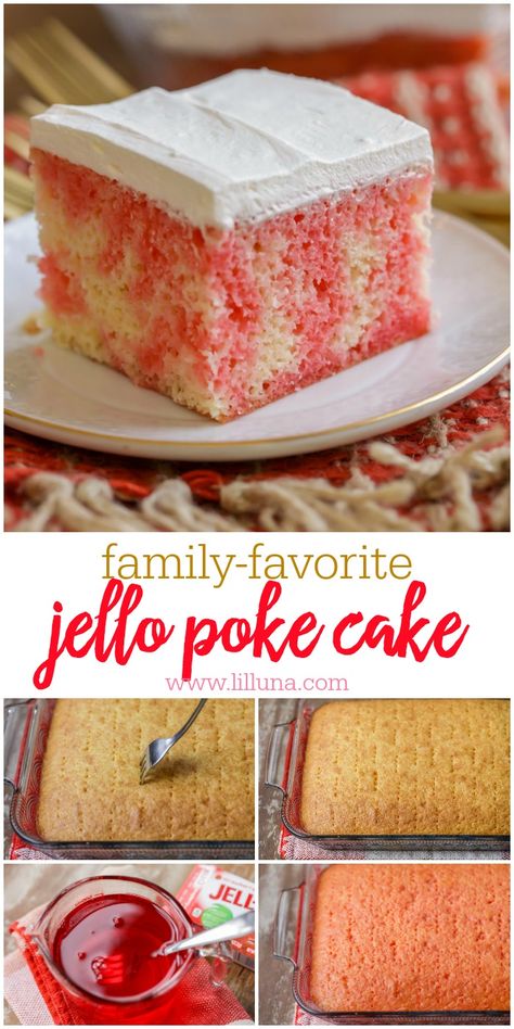 Cake With Jello, Jello Poke Cake Recipe, Jello Cake Recipes, Jello Poke Cake, Poke Cake Jello, Strawberry Poke Cakes, Poke Cake Recipe, Jello Cake, Fun Dessert