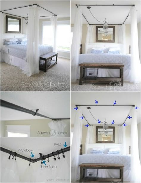 PVC Pipe Curtains; could cover top with a piece of fabric to be a real canopy/hide some piping Canopy Bed Diy, Diy Keramik, Diy Canopy, Bed Design Modern, Bed Canopy, Bed Diy, Canopy Bed, Diy Curtains, Diy Bed