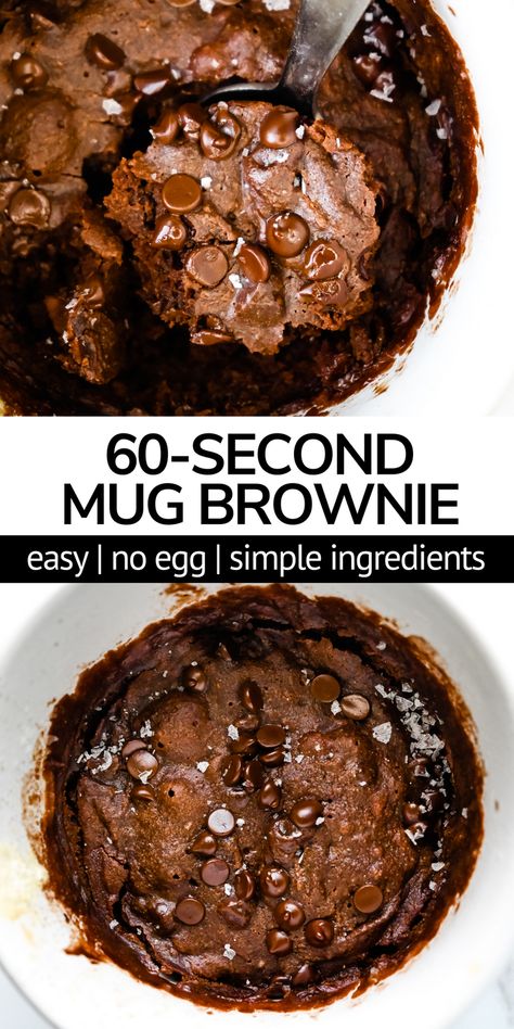 You can make a warm & fudgy vegan mug brownie in less than 1 minute with this easy microwave recipe! This moist, single-serve brownie in a mug will satisfy your sweet tooth when you need that chocolate fix. Made dairy-free and with zero refined sugar using oat flour, cocoa powder, chocolate chips and sweetened with maple syrup. Brownie In A Mug Recipe Microwave, No Egg Brownies, Microwave Mug Brownie, Brownie In A Mug Recipe, Mug Brownie Recipe, Dessert For One, Mug Brownie Recipes, Single Serve Brownie, Heart Healthy Desserts