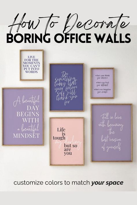 Purple Gallery Wall Decor Bundle, Purple Wall Art Print Set of 6, Feminine Office Wall Decor, Inspirational Home Office Quote Prints Purple - Etsy Canada Purple And Grey Office Ideas, Purple Office Ideas, Purple Office Decor, Grey Office Ideas, Office Cubicle Decorating Ideas, Lavender Office, Purple Home Office, Pink Home Office, Purple Desk