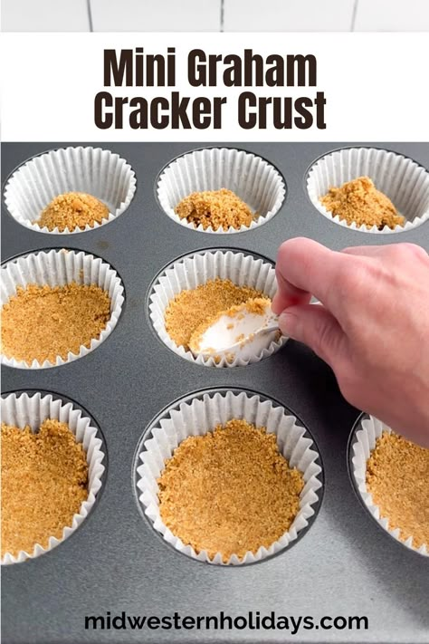 Mini Graham Cracker Crusts are a delicious buttery base for baked and no-bake mini pies and cheesecakes. With just 3 simple ingredients and a muffin tin, you can make 12 homemade mini graham cracker crusts, ready for your favorite pie filling recipe. Graham Cracker Crust Cupcakes, Graham Cracker Pie Crust Recipe, Graham Cracker Crust Pie Recipes, Easy Graham Cracker Crust, Mini Apple Tarts, Baked Graham Cracker Crust, Graham Cracker Dessert, Graham Cracker Pie Crust, Cracker Pie Crust