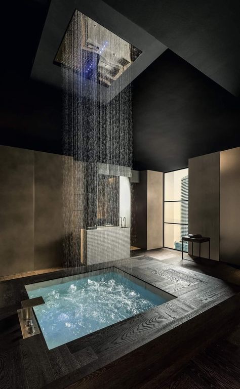 Bathroom Interior With Jacuzzi, Modern Bathtub Design, Dark Modern House Bathroom, Massive Bathroom Luxury, Luxurious Modern Bathroom, Dream Spa Bathroom, Dark House Inspiration, Modern Bathroom Design With Jacuzzi, Expensive Bathrooms Luxury