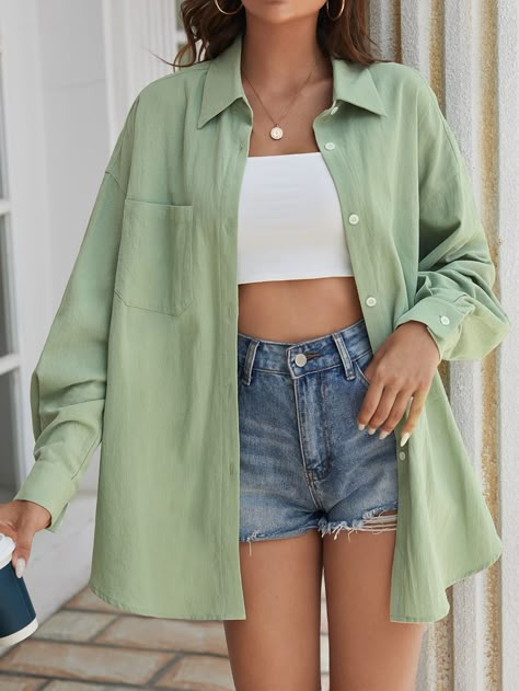 Green Shirt Outfits, Collar Details, Drop Shoulder Shirt, Green Shirt, Casual Style Outfits, College Outfits, Shirt Collar, White Style, Outfits Casuales