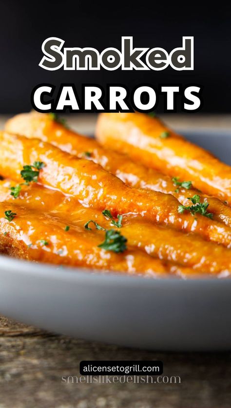 Bowl of whole, glazed smoked carrots. Smoked Carrots Recipe, Smoked Pizza, Peach Glaze, Carrot Dishes, On The Smoker, Veggie Kabobs, Peach Preserves, Carrots Recipe, Traeger Recipes