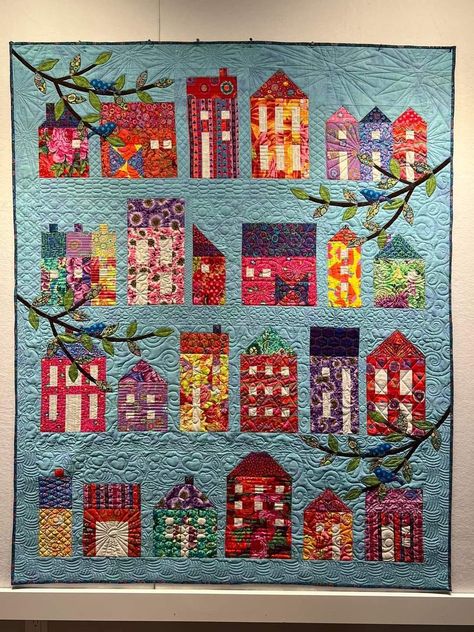 Summer Village Quilt, Botanical Quilts, Village Quilt, Colchas Quilting, House Quilt Block, House Quilt Patterns, Big Block Quilts, Row Quilt, Laundry Basket Quilts