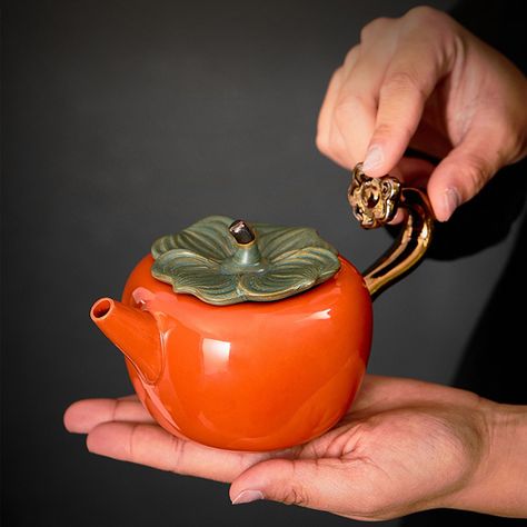 "Read please, thank you! Persimmon-shape Teapot Dimensions: length 5.9\", height 3.1\", capacity 6.8oz The design and making were inspired by daily life elements. It can be used to make kongfu tea or scented tea. Attention please: 1. It's reasonable phenomenon for all the handmade items, which might exist in the products of tiny bubbles and flow mark such as manual trace, and a bit difference for each product. 2. By during 1280~1350 degrees Celsius high temperature firing, all ceramics are lead Animal Teapot, Tea Setting, Tea Pots Art, Novelty Teapots, Teapots Unique, Teapot Design, Teapot Set, Cerámica Ideas, Tea Pots Vintage