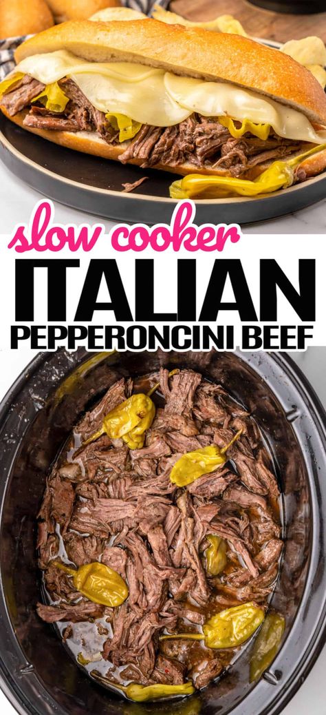 Super tasty Slow Cooker Italian Pepperoncini Beef packs the perfect punch and spends all day cooking in the kitchen so you don't have to! Italian Beef Crockpot Recipe, Pepperoncini Beef, Crock Pot Sandwiches, Roast Beef Crock Pot Recipes, Italian Beef Crockpot, Italian Beef Recipes, Italian Pot Roast, Crockpot Roast Recipes, Slow Cooker Italian