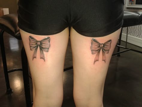 Ribbon Tattoos Bow Leg, Back Leg Bow Tattoo, Back Of Thigh Bow Tattoo Women, Leg Bow Tattoo Ribbons, Tattoo Bows Leg, Bows On Legs Tattoo, Bows Tattoos For Women Thighs, Ribbon Tattoos Thigh, Bow Tattoo On Thigh