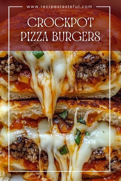 Enjoy the delightful fusion of pizza flavors and classic burgers with these easy-to-make Crockpot Pizza Burgers. Perfect for family dinners, these savory burgers are topped with melted mozzarella and your favorite pizza toppings! Crockpot Pizza Burgers, Crock Pot Burgers, Pizza Burgers With Spam, Crockpot Burger Recipes, Crockpot Cheeseburgers, Pizza Burger Recipe, Crockpot Pizza, Pizza Burgers Recipe, Cheeseburger Pizza