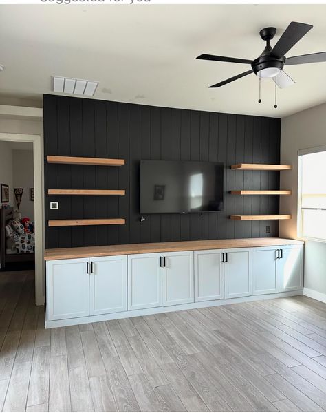 Half Wall Entertainment Center, Built In Shelves Living Room With Tv Diy, Diy Media Cabinet Built In, Built In Wall Storage Living Room, Wall Storage Around Tv, Entertainment Shelf Ideas, 85inch Tv Living Room, Built In Entertainment Center Living Room, Cabinet Entertainment Center Diy