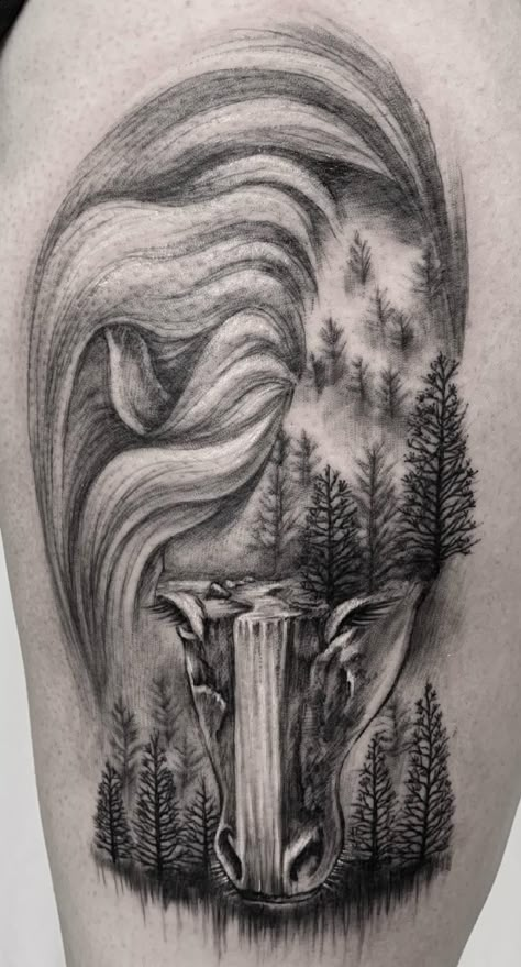 Beautiful and meaningful horse tattoo with a nature collage. With trees and a waterfall done in black and grey realism by @jenskinart! This can also be interpretive and it's quite significant! Wave Tattoo Sleeve, Black And Grey Realism, Native American Tattoos, Mama Tried, Nature Tattoo, Nature Collage, Landscape Tattoo, Hip Tattoos Women, Sketching Ideas