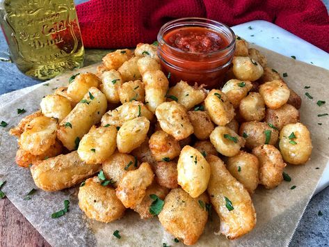 CHEESE CURDS — SPOON & SWALLOW Garlic Cheese Curds Recipe, Garlic Cheese Curds, Swallow Recipes, Cheese Curds Recipe, Fried Cheese Curds, Cheese Day, Bite Size Food, Nacho Cheese Sauce, Farmers Cheese