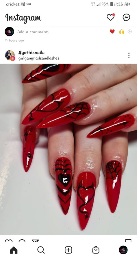 Devil Heart Nails, Succubus Nails, Hazbin Hotel Inspired Nails, Devil Nail Art, Devil Nails Designs, Metalhead Nails, Edgy Valentines Nails, Red And Black Nail Art, Demon Nails