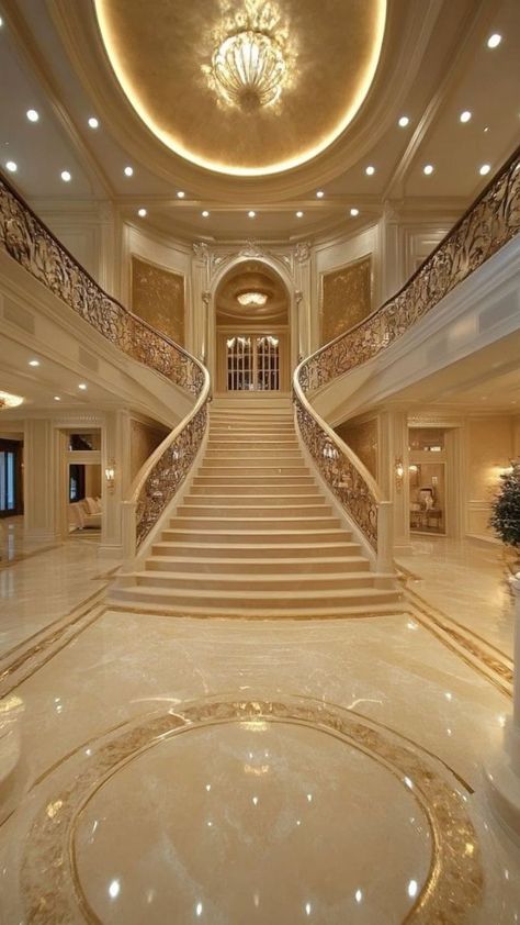 This grand staircase is a testament to luxury and elegance. The intricate details and opulent materials create a sense of grandeur and sophistication. #luxuryhome #grandstaircase #opulence #luxurydesign #interiordesign #luxuryliving #architectureporn #homedecor #luxurylifestyle #mansion #golddecor #elegant #classy #dreamhome #inspiration #beautiful #stunning #amazing #wow #perfection #rich #glamorous #fancy #extravagant #highend #luxuryrealestate #luxurytravel #luxurygoals #luxuryeverything Luxurious Mansions Interior, Castle House Design, Luxury Mansions Interior, Mansion Ideas, Luxury Home Design, Luxury Houses Mansions, House Interior Design Styles, Mansion Designs, Dream Mansion