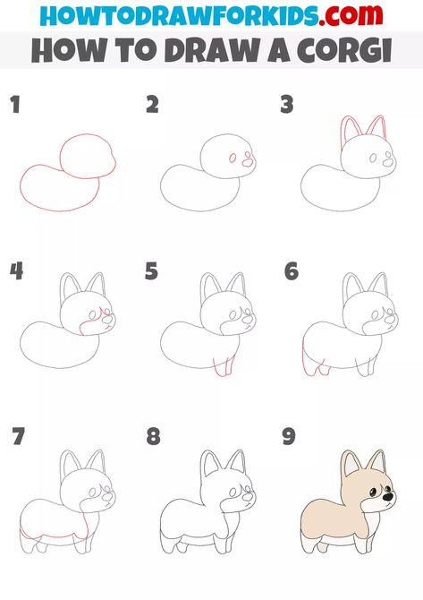 How To Draw A Corgi Easy, Dog Doodles Simple Step By Step, Step By Step Drawing Of A Dog, How To Draw Corgi, Dog Drawing Simple Step By Step, Corgi Drawing Easy, Corgi Sketch, Dog Drawing For Kids, Childcare Crafts