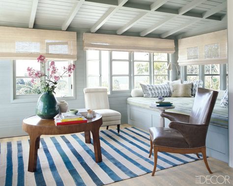 A lovely sunroom off the bedroom - stripes and shades of blue. Designed by Jeffrey Alan Marks. #kathykuohome New England Beach House, Swedish Decor, Sleeping Porch, Decorating Inspiration, Window Seat, Elle Decor, Nantucket, Santa Monica, Interior Design Inspiration