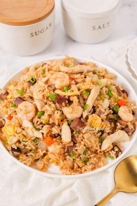 House Special Fried Rice | Two Plaid Aprons Combination Fried Rice, Special Fried Rice Recipe, The Best Fried Rice, Best Fried Rice, Special Fried Rice, Bbq Roast, Char Siu Pork, Plaid Apron, Making Fried Rice