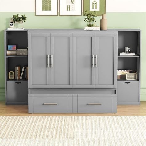 Merax Queen Size Murphy Bed with Shelves, Drawers and USB Ports - On Sale - Bed Bath & Beyond - 40172255 Wooden Queen Bed Frame, Murphy Bed With Shelves, Queen Size Murphy Bed, Full Size Murphy Bed, Hideaway Bed, Bed With Shelves, Queen Murphy Bed, Modern Murphy Beds, Space Saving Beds