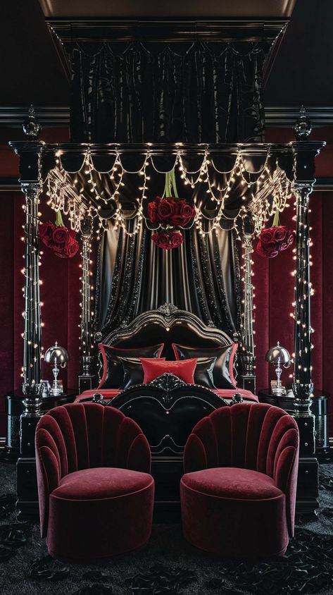 Embrace the allure of gothic glamour with this stunning bedroom setup. The black velvet canopy bed, adorned with plush pillows, contrasts beautifully against the deep red backdrop. Accent chairs in rich burgundy provide cozy seating, creating a chic and inviting retreat. #redbedroom #redandblackbedroom #gothicbedroom #pleasureroom Whimsy Gothic Bedroom, Dark Romance Bedroom, Velvet Canopy Bed, Victorian Goth Bedroom, Red Room 50 Shades Diy, Red Room 50 Shades, Gothic Bedroom Furniture, Goth Interior, Teen Room Makeover