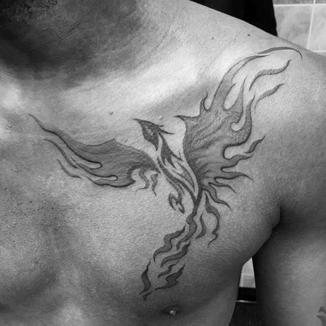 Flaming Shaded Phoenix Mens Tribal Chest Tattoos                                                                                                                                                                                 More Chest Tattoo Quotes, Phoenix Tattoo Men, Phoenix Tattoo For Men, Stammestattoo Designs, Small Phoenix Tattoos, Phönix Tattoo, Chest Ideas, Tattoo Shading, Tattoo Female