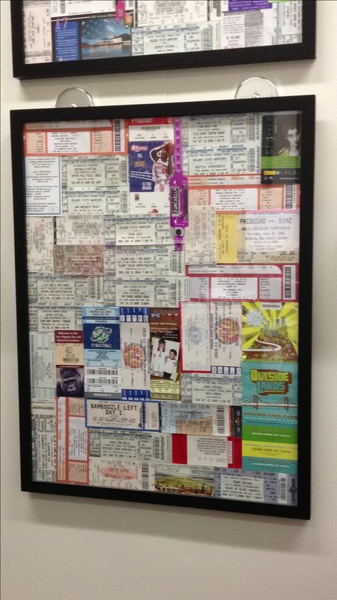 Ticket stub frame - finally a good use for the hundreds of ticket stubs I've saved. Concert Ticket Display, Ticket Display, Souvenir Display, Memorabilia Display, Travel Crafts, Ticket Stub, Travel Keepsakes, Travel Decor, Crafty Diy