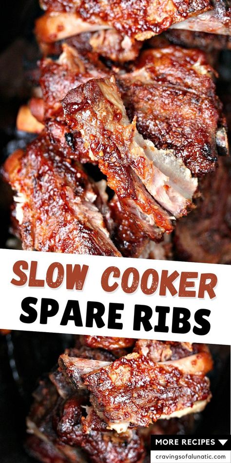 Close up overhead images of spare ribs cooked in a slow cooker and slathered in sauce Keto Spare Ribs Crock Pot, Spare Ribs Recipe Crockpot, Crock Pot Spareribs, Slow Cooker Pork Short Ribs, Crockpot Spareribs Slow Cooker, How To Cook Spare Ribs In Crock Pot, Crockpot Spare Ribs Recipes, Beef Spare Ribs In The Crock Pot, Fall Off The Bone Ribs Crockpot