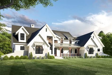 5-Bed Modern Farmhouse Plan with Unique Angled Garage (Floor Plan) - BostonBikes House Plans For Wide Shallow Lots, House Plan With Theater Room, House Plan With Game Room, Big Farmhouse Plans, Luxury Modern Farmhouse Plans, House Plans Under 3000 Sq Ft, House Plan With Guest House, Farmhouse Mansion Floor Plans, 7 Bedroom House Plans Farmhouse