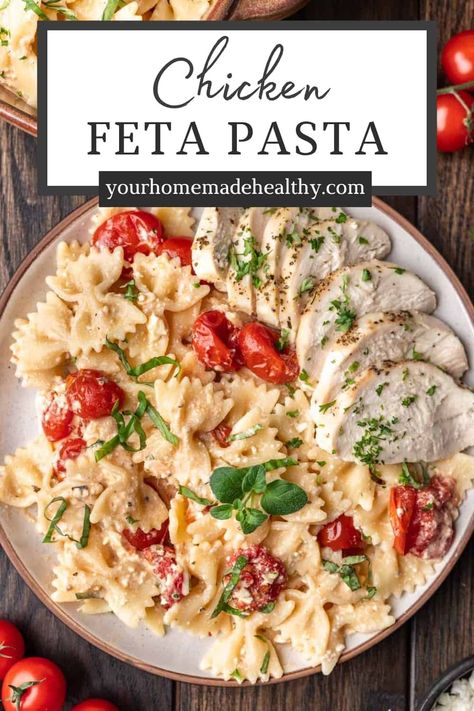 This Chicken Feta Pasta is the perfect weeknight casserole dish. Baked feta cheese, oven-roasted cherry tomatoes, and juicy chicken breasts tossed together with al dente pasta to create a creamy, comforting meal the whole family will love. Chicken Feta Pasta Recipes, Chicken Spaghetti With Roasted Tomatoes, Feta Grape Tomato Pasta, Rotisserie Chicken Feta Recipes, Chicken Tomato Feta Pasta, Chicken Feta Casserole, Feta Pasta Bake With Chicken, Feta Tomato Pasta With Chicken, Chicken Feta Tomato Recipe