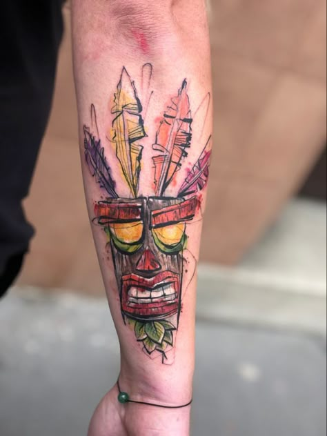 Game tattoo aku aku Aku Tattoo, Aku Aku Tattoo, Crash Bandicoot Tattoo, Playstation Tattoo, Tattoo Sleeve Filler, Gamer Tattoos, Nerd Tattoo, Sticker Tattoo, Geek Tattoo