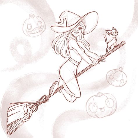 Witch Riding Broom Drawing Reference, Witch Sketch Pencil, Halloween Girl Drawing, Witch Drawing Pencil, Witch Drawing Base, Witch Broom Drawing, Witch Drawing Easy, Witch Pose Reference, Witch Poses Reference Drawings