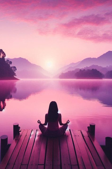 Experience tranquility at dawn with this AI-generated image of meditation by a serene lake. A woman sits cross-legged on a wooden dock, surrounded by peaceful reflections of the pink and purple sky. Purple Yoga Aesthetic, Tranquility Aesthetic, Pink And Purple Sky, Yoga Aesthetic, Aesthetic Yoga, Cross Legged, By The Lake, Purple Sky, Pink And Purple