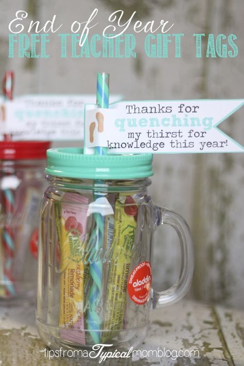 Free End of Year Gift tag printables for Teachers. "Thank you for quenching my thirst for knowledge this year" so great for teacher appreciation week or the last day of school. Cute Mason jar cups are found at Wal-Mart. #giftidea #teachers #endofyear Teacher Gift Printables, Survival Kit For Teachers, Teacher Survival, Teacher Gift Tags, Girl Guide, Teachers Diy, Christmas Gifts For Coworkers, Free Teacher