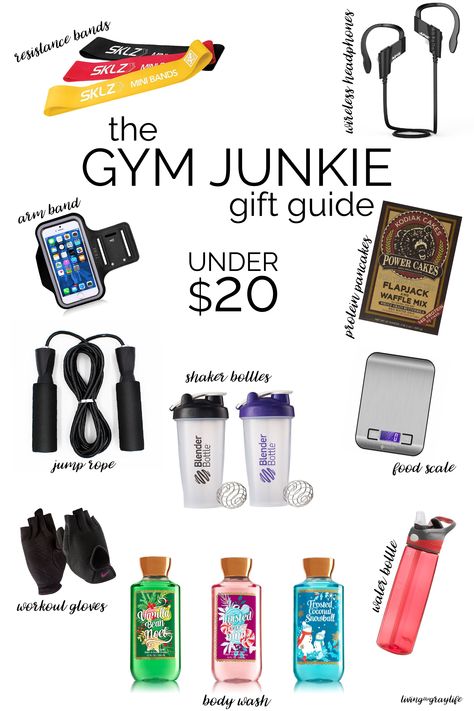 FITNESS GIFT GUIDE. Perfect gifts for the gym junkie in your life. All under $20! | Gym Junkie Gift Guide Fitness Gift Basket, Fitness Gift Guide, Fitness Gifts For Men, Gifts For Gym Lovers, Unisex Christmas Gifts, Fitness Gift, Baskets For Men, Gift Baskets For Men, Gym Gifts