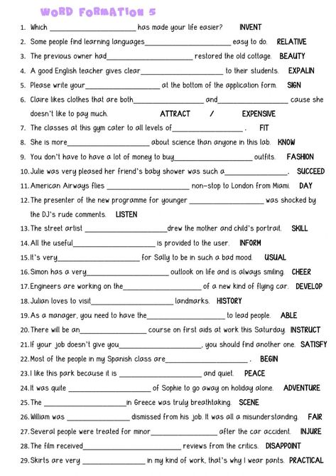 Word Formation online worksheet for B2. You can do the exercises online or download the worksheet as pdf. Word Formation Exercises, B2 English Worksheets, Word Formation Worksheets, Pre Algebra Worksheets, Grammar Sentences, English Grammar Test, Word Formation, English Teaching Materials, English Exam