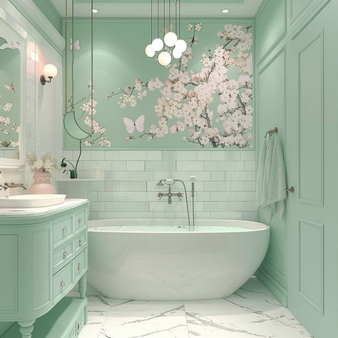 Mint Green Bathroom with Large Soaking Tub Mint Bathroom Decor, Mint Green Bathroom Ideas, Mint Green Interior Design, Mint Green Tile Bathroom, Unrealistic House, Mint Green Bathroom, Mint Green Furniture, Large Soaking Tub, Green And Pink Bathroom