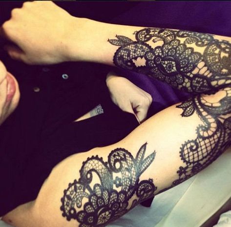 46 Feminine Lace Tattoo Designs Lace Sleeve Tattoos, Sleeves Tattoos, Lace Tattoos, Tattoo Sleeve Filler, Lace Tattoo Design, Girls With Sleeve Tattoos, White Tattoos, Lace Tattoo, Full Sleeve Tattoos