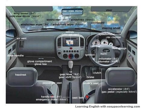 Learning the vocabulary for parts of a car inside Truck Interior Accessories, خريطة ذهنية, Door Weather Stripping, Inside Car, Vocabulary Lessons, Picture Dictionary, Truck Interior, English Tips, Learn English Vocabulary