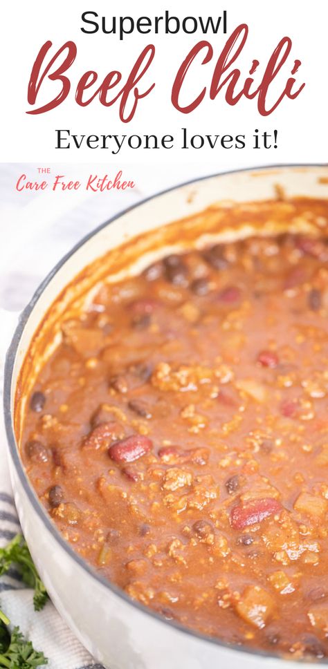 This award-winning easy chili recipe is made with simple chili ingredients. This can be made in 30 minutes but taste like it's been cooking all day! It's made with ground beef and hearty beans and has a flavorful but mild chili flavor. The entire family will love this beef chili recipe! It’s a perfect game day food or dinner ideas. Bonus, It also works great as a freezer meal. #chili #chilirecipe #best #recipe #easy #30minute #30min #beef #beefchili #freezermeal #gameday #food #recipe #recipe Best Mild Chili Recipe, Freezer Meal Chili, Mild Chili Recipe, Easy Beef Chili Recipe, Simple Chili, The Best Chili Recipe, Award Winning Chili Recipe, Gameday Food, The Best Chili