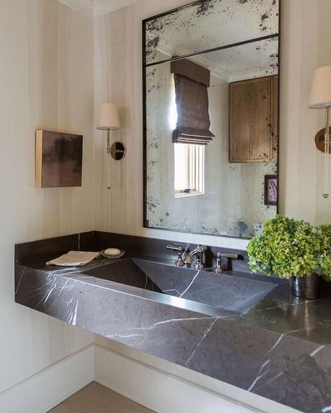 Veronica Valencia Hughes on Instagram: “Working on Powder Room designs and this beauty stopped me in my tracks. Loving the combo of the slab sink & antiqued mirror. 🖤 Design…” Half Bathroom Decor Ideas, Black Marble Bathroom, Marble Bathroom Designs, Half Bathroom Decor, Bad Inspiration, Gorgeous Bathroom, Marble Bathroom, Rustic Bathroom, Small Bathroom Decor