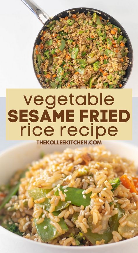 Cooked rice fried in sesame oil with vegetables and egg makes this vegetable sesame fried rice a simpler and healthier version of the beloved Chinese takeout dish. Made from simple, every day ingredients so you don't buy a pantry full of things you only use once! Rice Dinner Recipes, Fried Rice Dinner, Sesame Seeds Recipes, Healthy Food Recipies, Rice Fried, Healthy Foods To Make, Lunch Healthy, Desserts Healthy, Rice Recipes For Dinner