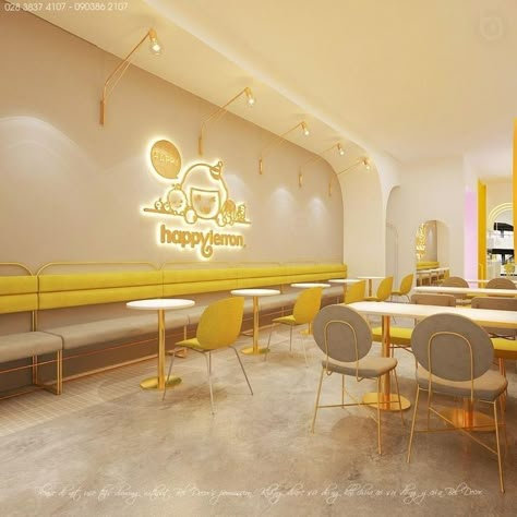 Yellow Restaurant Interior Design, Cake Shop Interior Design, Yellow Cafe Interior, Yellow Coffee Shop, Cake Shop Interior, Yellow Restaurant, Tea Store Design, Modern Restaurant Design, Bubble Tea Shop