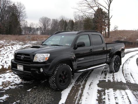 The tires are BF Goodrich All-Terrain T/A KO, size 265/75R16' FJ Trail teams edtion rims Black Toyota Tacoma, Tacoma 2008, Lifted Tacoma, Black Toyota, 2008 Toyota Tacoma, Tacoma Mods, Tacoma Truck, Toyota Tacoma Trd, Tacoma Trd