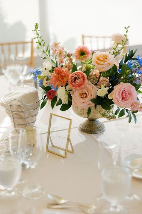 Wedding Table Arrangements Flowers, Spring Floral Wedding Theme, Compote Centerpiece Wedding, Wedding Table Clothes, Simple Table Centerpieces, Wedding Color Schemes Summer, Floral Palette, Centerpiece Inspiration, Reception Florals