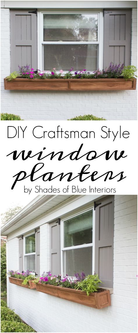 DIY Cedar Window Planters - Shades of Blue Interiors Window Shutters Diy, Planters For Shade, Craftsman Style Windows, House Diys, Window Boxes Diy, Blue Interiors, Exterior Window, Container Planting, Diy Shutters