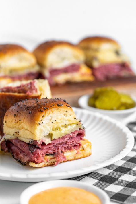 Hot Pastrami Sliders recipe from RecipesForHolidays.com #hot #pastrami #sliders #sandwiches #recipe for National Hot Pastrami Sandwich Day! #RecipesForHolidays Hot Pastrami Sliders, Pastrami Sliders, Food Cravings Dinner, Hot Pastrami Sandwich, Pastrami Sandwich Recipe, Sliders Sandwiches, Pastrami Recipe, Gameday Food, Hot Sandwich Recipes