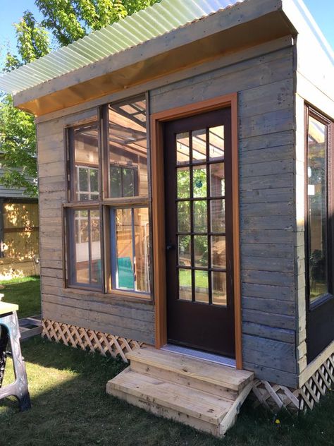 Check out this stunning She Shed and see the construction photos with notes on how this couple got it done. She Shed Diy, Diy She Shed, Shed Diy, Pool Shed, Pallet Shed, Wood Storage Sheds, Carpentry Skills, Storage Shed Plans, Shed Doors