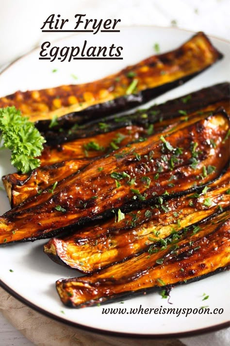 Air fryer eggplants or aubergines – soft, spicy and so versatile. You can either cube or slice them, and you can have them simple or glazed. #whereismyspoon #airfryereggplants #airfriedeggplants #airfryeraubergines #airfriedaubergines #roastedeggplants #glazedeggplants Fried Eggplant Recipes, Ways To Cook Eggplant, Roasted Eggplant Recipes, Air Fryer Recipes For Beginners, Best Air Fryer Recipes, Side Dishes For Fish, Frozen Sweet Potato Fries, Eggplant Fries, Aubergine Recipe