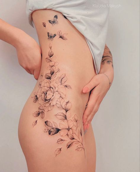 Rose And Butterfly Tattoo Thigh Piece, Waist Tattoos For Women, Butterfly Hip Tattoo, Pelvic Tattoo Hip, Lower Stomach Tattoos For Women, Pelvic Tattoo, Pelvic Tattoos, Lower Stomach Tattoos, Rose And Butterfly Tattoo