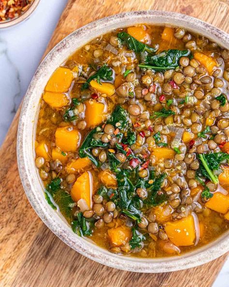 Butternut Squash + Green Lentil Soup | Clean Food Crush Lentil Soup With Butternut Squash, Clean Food Crush Butternut Squash Soup, Lentil And Butternut Squash Soup, Acorn Squash Lentil Soup, Mediterranean Butternut Squash Recipes, Lentil Squash Soup, Lentil Butternut Squash Soup, Fall Lentil Soup, Butternut Squash Lentil Soup