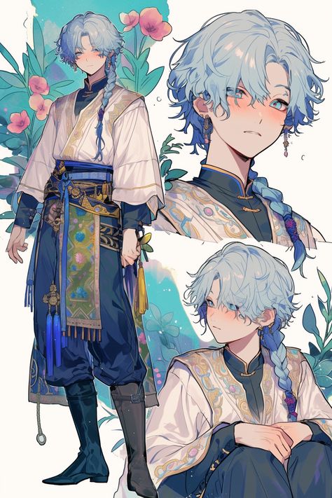 Character Design Male Curly Hair, Cool Anime Character Design, Reference Poses Drawing Male, Cute Male Character Design, Blue Hair Male Character Art, Japanese Man Drawing, Character Design Ideas Male, Anime Character Inspiration, Anime Boy Character Design